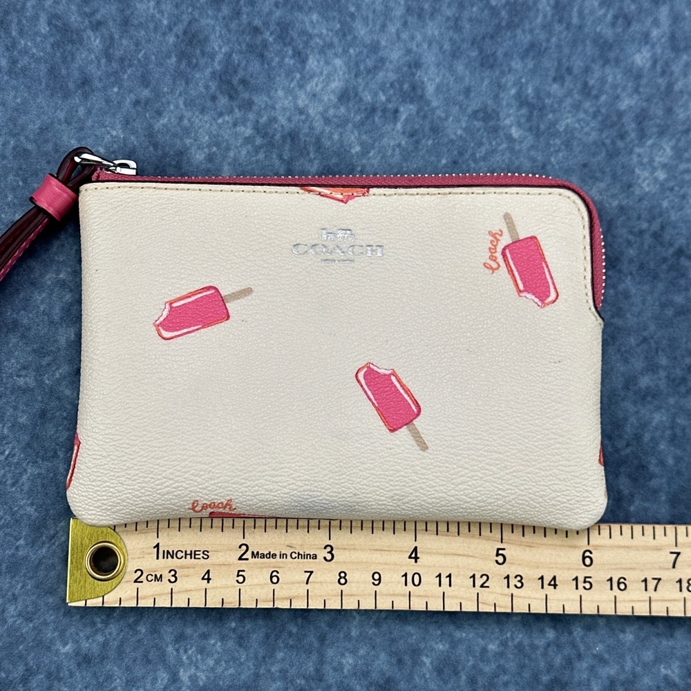 Coach Corner Zip Wristlet Chalk‎ Pink Popsicle Print Leather Wallet C4555